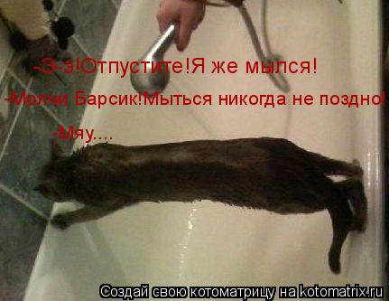 -Э-э!Отпустите!Я же мылся! -Молчи Барсик!Мыться никогда не поздно! -Мяу....... Котоматрица: -Э-э!Отпустите!Я же мылся! -Молчи Барсик!Мыться никогда не поздно! -Мяу....