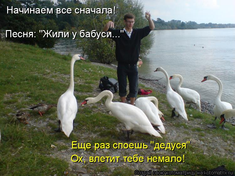 Начинаем все сначала! Песня: "Жили у бабуси..." Еще раз споешь "дедуся" Ох, влетит тебе немало!... Котоматрица: Начинаем все сначала! Песня: "Жили у бабуси..." Еще раз споешь "дедуся" Ох, влетит тебе немало!