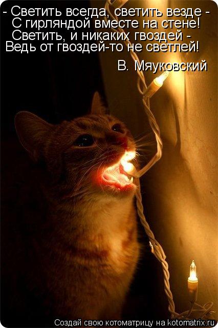 Котоматрица: - Светить всегда, светить везде -  С гирляндой вместе на стене! Светить, и никаких гвоздей -  Ведь от гвоздей-то не светлей! В. Мяуковский