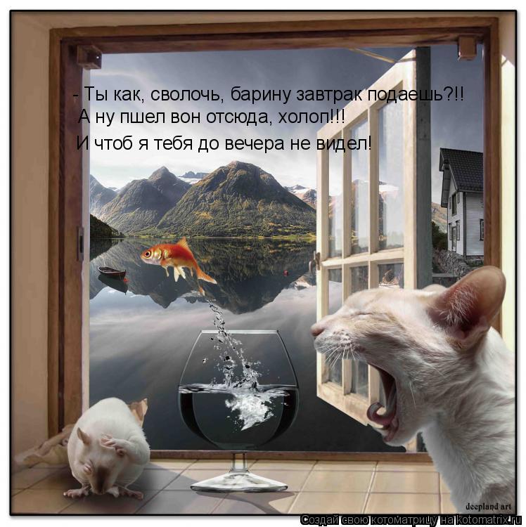 - Ты как, сволочь, барину завтрак подаешь?!! А ну пшел вон отсюда, холоп!!! И чтоб я тебя до вечера н... Котоматрица: - Ты как, сволочь, барину завтрак подаешь?!! А ну пшел вон отсюда, холоп!!! И чтоб я тебя до вечера не видел!