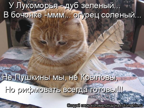 У Лукоморья - дуб зеленый... В бочонке -ммм... огурец соленый... Не Пушкины мы, не Крыловы, Но рифмов... Котоматрица: У Лукоморья - дуб зеленый... В бочонке -ммм... огурец соленый... Не Пушкины мы, не Крыловы, Но рифмовать всегда готовы!!!