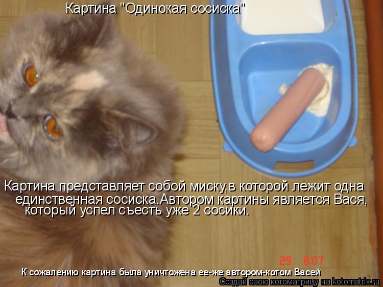 Котоматрица: Картина "Одинокая сосиска" Картина представляет собой миску,в которой лежит одна единственная сосиска.Автором картины является Вася, кото