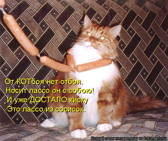 От КОТбоя нет отбоя. Носит лассо он с собою! И уже ДОСТАЛО киску Это лассо из сосисок.... Котоматрица: От КОТбоя нет отбоя. Носит лассо он с собою! И уже ДОСТАЛО киску Это лассо из сосисок.