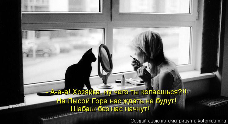 - А-а-а! Хозяйка, ну чего ты копаешься?!! На Лысой Горе нас ждать не будут! Шабаш без нас начнут!... Котоматрица: - А-а-а! Хозяйка, ну чего ты копаешься?!! На Лысой Горе нас ждать не будут! Шабаш без нас начнут!