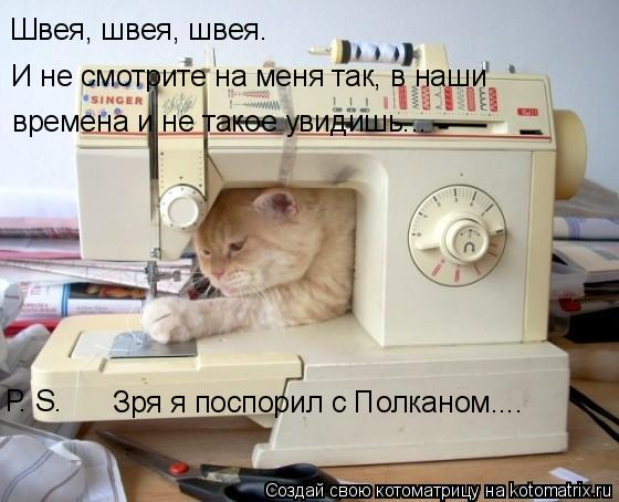 Швея, швея, швея. И не смотрите на меня так, в наши времена и не такое увидишь... Р. S. Зря я поспо... Котоматрица: Швея, швея, швея. И не смотрите на меня так, в наши времена и не такое увидишь... Р. S. Зря я поспорил с Полканом....
