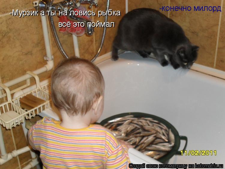 Котоматрица: -Мурзик а ты на ловись рыбка всё это поймал -конечно милорд