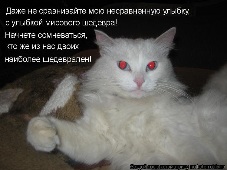 Даже не сравнивайте мою несравненную улыбку, с улыбкой мирового шедевра! кто же из нас двоих наиболее... Котоматрица: Даже не сравнивайте мою несравненную улыбку, с улыбкой мирового шедевра! кто же из нас двоих наиболее шедеврален! Начнете сомневаться,