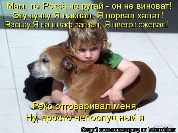 Рекс отговаривал меня, Ну, просто непослушный я Мам, ты Рекса не ругай - он не виноват! Эту кучку Я н... Котоматрица: Рекс отговаривал меня, Ну, просто непослушный я Мам, ты Рекса не ругай - он не виноват! Эту кучку Я наклал, Я порвал халат! Ваську Я на шкаф заг