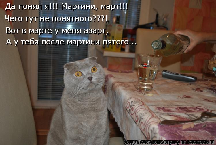 Да понял я!!! Мартини, март!!! Вот в марте у меня азарт, Чего тут не понятного???! А у тебя после мар... Котоматрица: Да понял я!!! Мартини, март!!! Вот в марте у меня азарт, Чего тут не понятного???! А у тебя после мартини пятого...
