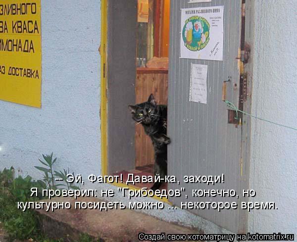 -- Эй, Фагот! Давай-ка, заходи! Я проверил: не "Грибоедов", конечно, но культурно посидеть можно ... ... Котоматрица: -- Эй, Фагот! Давай-ка, заходи! Я проверил: не "Грибоедов", конечно, но культурно посидеть можно ... некоторое время.