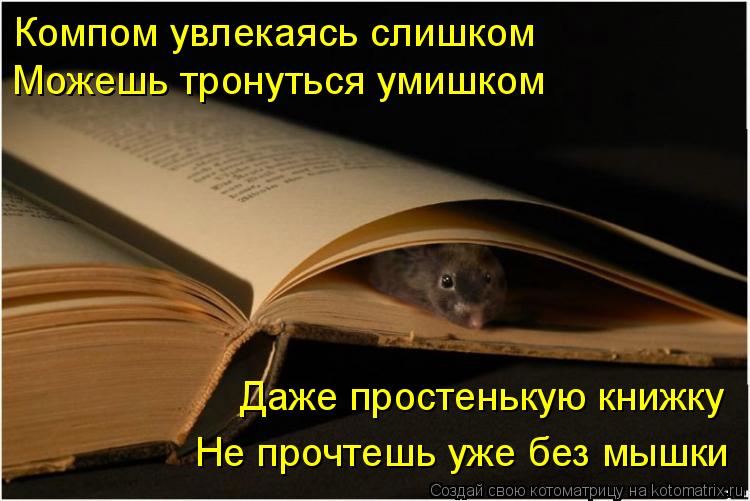 Компом увлекаясь слишком Можешь тронуться умишком Даже простенькую книжку Не прочтешь уже без мышки... Котоматрица: Компом увлекаясь слишком Можешь тронуться умишком Даже простенькую книжку Не прочтешь уже без мышки