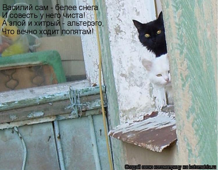 Василий сам - белее снега И совесть у него чиста! А злой и хитрый - альтерэго, Что вечно ходит попята... Котоматрица: Василий сам - белее снега И совесть у него чиста! А злой и хитрый - альтерэго, Что вечно ходит попятам!