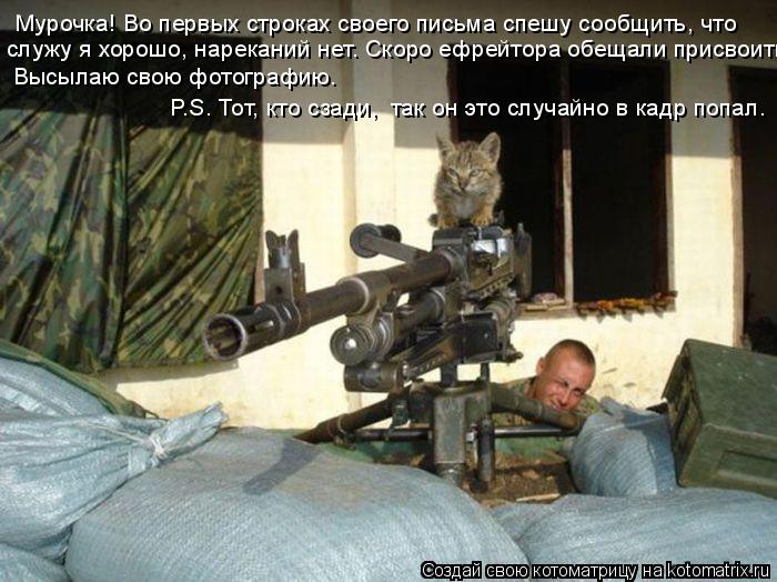 Котоматрица: Мурочка! Во первых строках своего письма спешу сообщить, что служу я хорошо, нареканий нет. Скоро ефрейтора обещали присвоить. Высылаю свою 