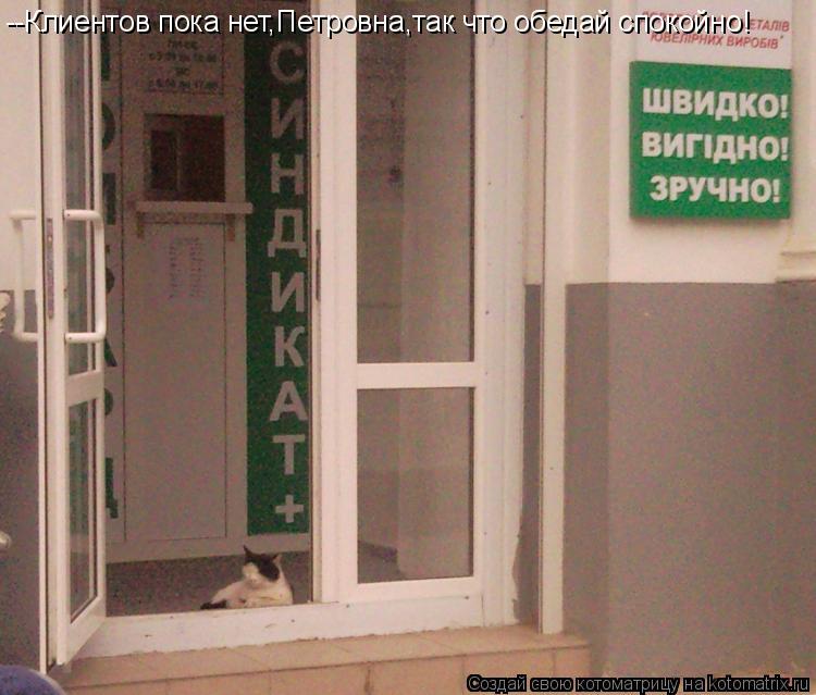 Котоматрица: --Клиентов пока нет,Петровна,так что обедай спокойно!