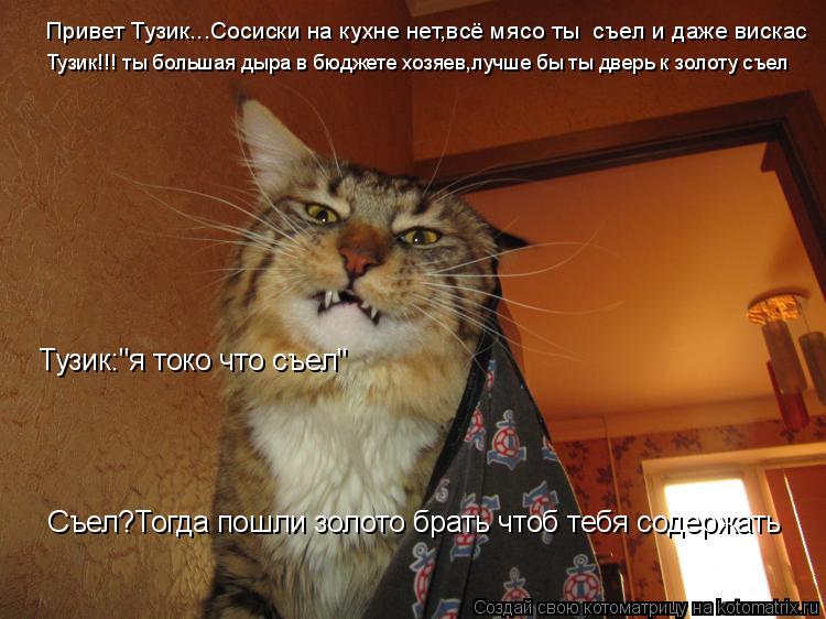 Привет Тузик...Сосиски на кухне нет,всё мясо ты съел и даже вискас Тузик!!! ты большая дыра в бюджет... Котоматрица: Привет Тузик...Сосиски на кухне нет,всё мясо ты съел и даже вискас Тузик!!! ты большая дыра в бюджете хозяев,лучше бы ты дверь к золоту съел Ту