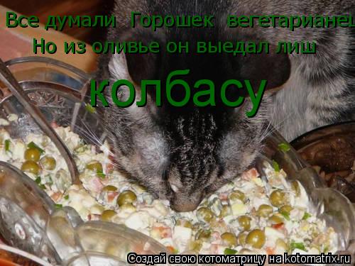 Котоматрица: Все думали что Горошек  вегетарианец но из оливье он выедал Все думали  Горошек  вегетарианец  Но из оливье он выедал лиш  колбасу
