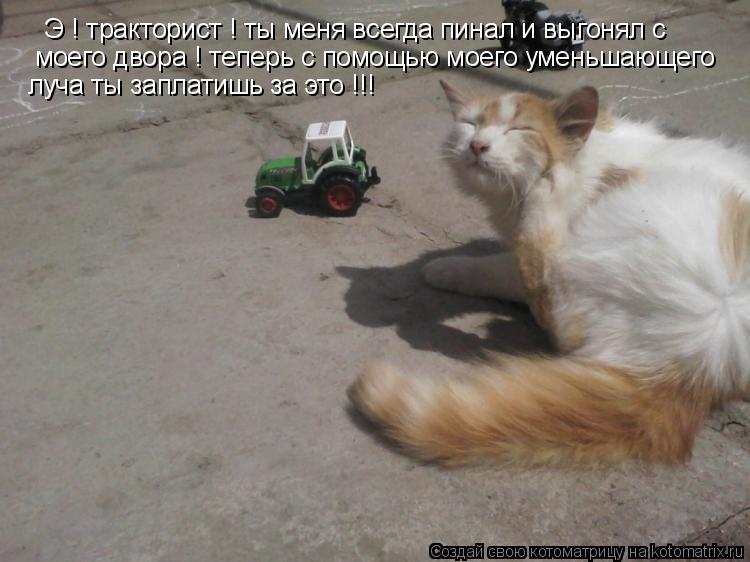 Э ! тракторист ! ты меня всегда пинал и выгонял с моего двора ! теперь с помощью моего уменьшающего ... Котоматрица: Э ! тракторист ! ты меня всегда пинал и выгонял с моего двора ! теперь с помощью моего уменьшающего луча ты заплатишь за это !!!