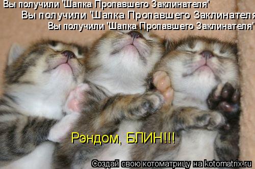 Котоматрица: Вы получили 'Шапка Пропавшего Заклинателя'  Вы получили 'Шапка Пропавшего Заклинателя'  Вы получили 'Шапка Пропавшего Заклинателя'  Рэндом, 