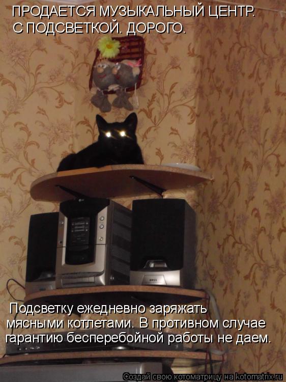 Котоматрица: ПРОДАЕТСЯ МУЗЫКАЛЬНЫЙ ЦЕНТР. С ПОДСВЕТКОЙ. ДОРОГО. Подсветку ежедневно заряжать мясными котлетами. В противном случае гарантию бесперебой