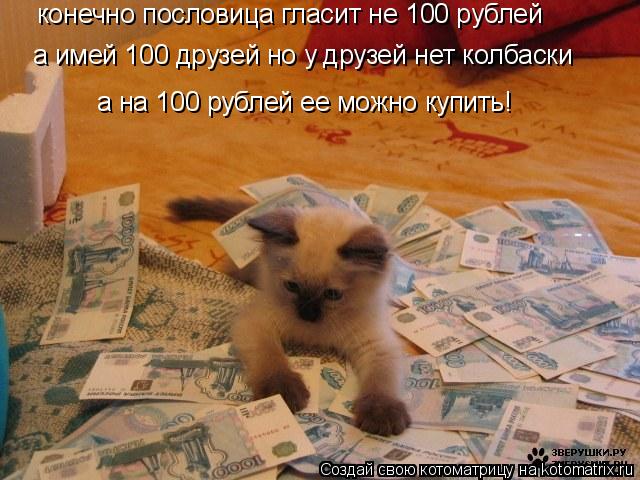 Котоматрица: конечно пословица гласит не 100 рублей   а имей 100 друзей но у друзей нет колбаски а на 100 рублей ее можно купить!