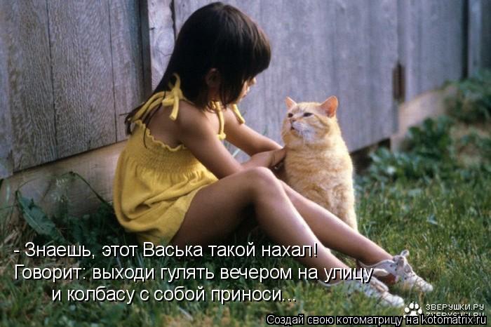 - Знаешь, этот Васька такой нахал! Говорит: выходи гулять вечером на улицу и колбасу с собой приноси... Котоматрица: - Знаешь, этот Васька такой нахал! Говорит: выходи гулять вечером на улицу и колбасу с собой приноси...