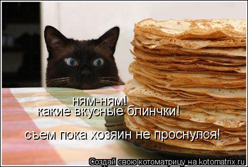 Котоматрица: ням-ням! какие вкусные блинчки! съем пока хозяин не проснулся!