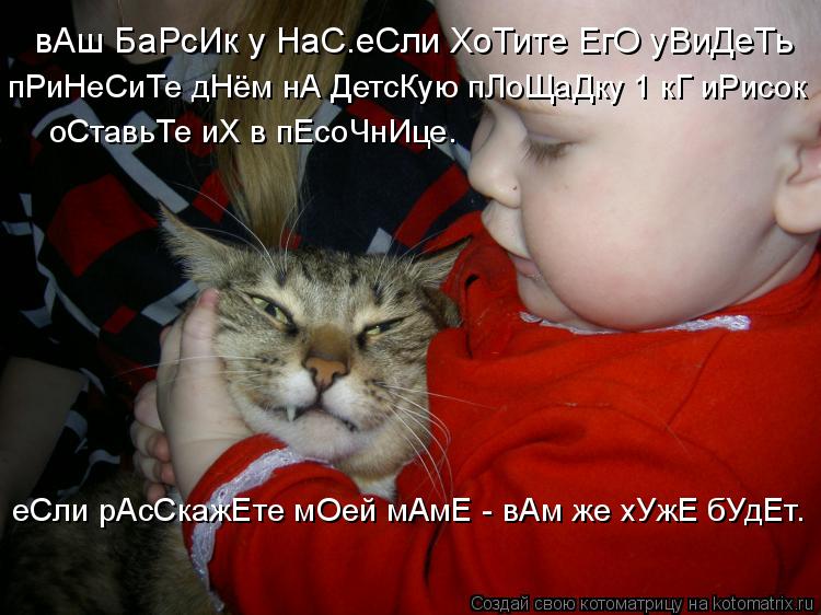 Котоматрица: вАш БаРсИк у НаС.еСли ХоТите ЕгО уВиДеТь пРиНеСиТе дНём нА ДетсКую пЛоЩаДку 1 кГ иРисок оСтавьТе иХ в пЕсоЧнИце. еСли рАсСкажЕте мОей мАмЕ - 