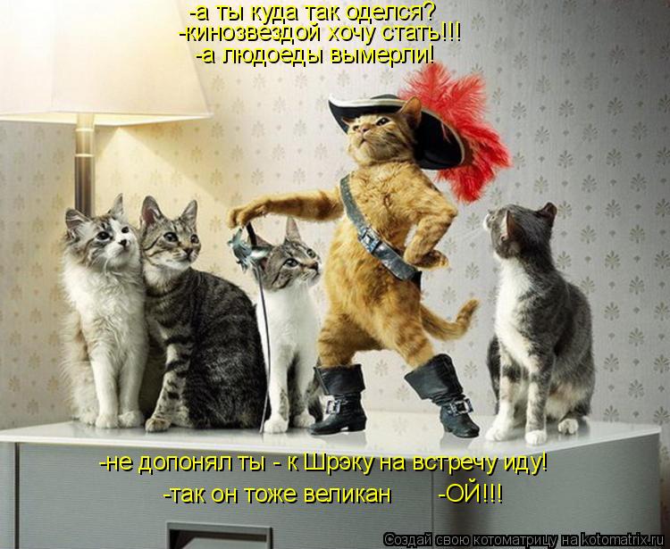 Котоматрица: -а ты куда так оделся? -а людоеды вымерли! -кинозвездой хочу стать!!! -не допонял ты - к Шрэку на встречу иду! -так он тоже великан       -ОЙ!!!