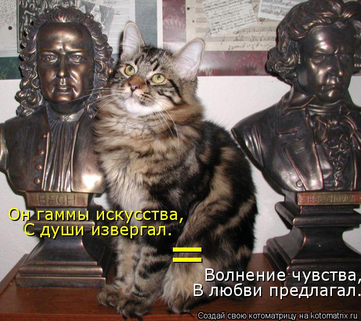 Котоматрица: Он гаммы искусства, С души извергал. Волнение чувства, В любви предлагал. =