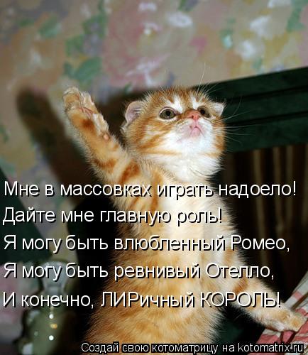 Котоматрица: Мне в массовках играть надоело!  Дайте мне главную роль! Я могу быть влюбленный Ромео, Я могу быть ревнивый Отелло, И конечно, ЛИРичный КОРОЛ