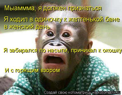 Котоматрица: Я ходил в одиночку к желтенькой бане в женский день Я забирался по насыпи, приникал к окошку И с горящим взором Мыаммма, я должен признаться