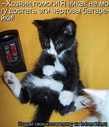 Котоматрица: --Хозяин,помоги!Я никак не мо- гу достать эти чёртовы батаре- йки!