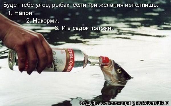 Будет тебе улов, рыбак, если три желания исполнишь: 1. Напои. 2. Накорми. 3. И в садок положи.... Котоматрица: Будет тебе улов, рыбак, если три желания исполнишь: 1. Напои. 2. Накорми. 3. И в садок положи.