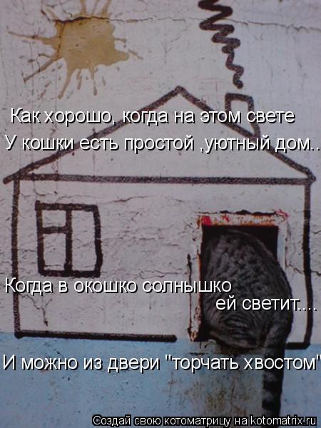 Котоматрица: Как хорошо, когда на этом свете У кошки есть простой ,уютный дом... Когда в окошко солнышко  ей светит....  И можно из двери "торчать хвостом".....