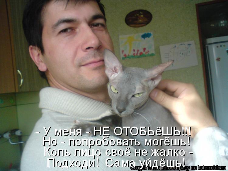 - У меня - НЕ ОТОБЬёШЬ!!! Но - попробовать могёшь! Коль лицо своё не жалко - Подходи! Сама уйдёшь!... Котоматрица: - У меня - НЕ ОТОБЬёШЬ!!! Но - попробовать могёшь! Коль лицо своё не жалко - Подходи! Сама уйдёшь!