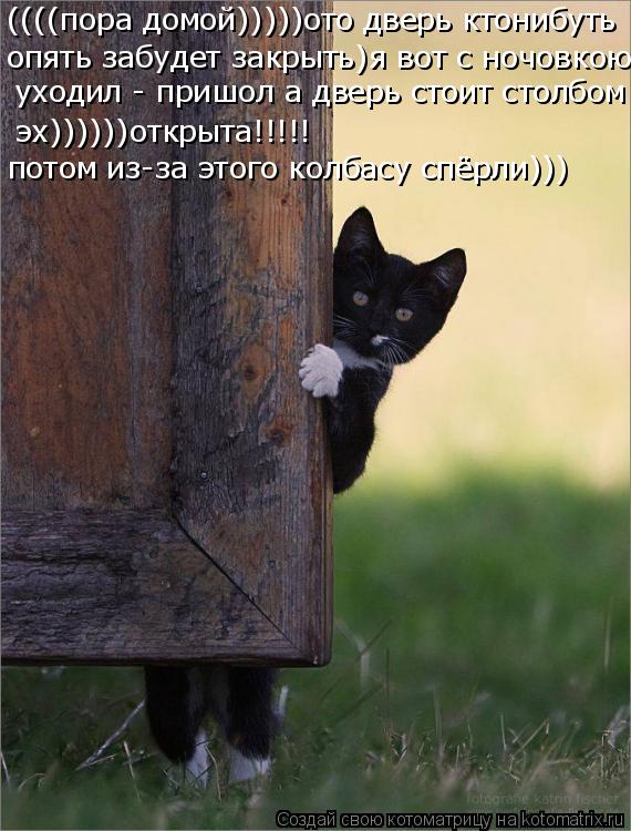 ((((пора домой)))))ото дверь ктонибуть опять забудет закрыть)я вот с ночовкою уходил - пришол а дверь... Котоматрица: ((((пора домой)))))ото дверь ктонибуть опять забудет закрыть)я вот с ночовкою уходил - пришол а дверь стоит столбом эх))))))открыта!!!!! потом из-за