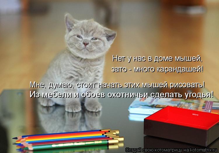 Мне, думаю, стоит начать этих мышей рисовать! Из мебели и обоев охотничьи сделать угодья! Нет у нас в... Котоматрица: Мне, думаю, стоит начать этих мышей рисовать! Из мебели и обоев охотничьи сделать угодья! Нет у нас в доме мышей, зато - много карандашей!