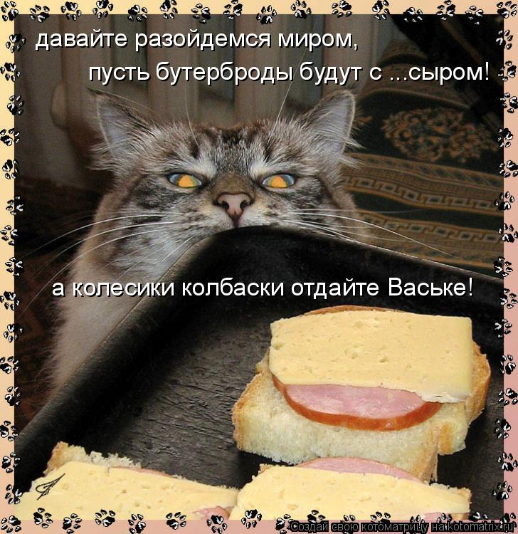 Котоматрица: давайте разойдемся миром, пусть бутерброды будут с ...сыром! а колесики колбаски отдайте Ваське!