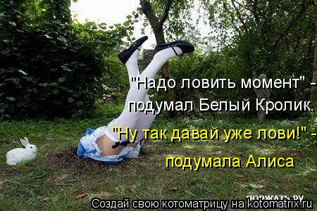 "Надо ловить момент" - подумал Белый Кролик. "Ну так давай уже лови!" - подумала Алиса... Котоматрица: "Надо ловить момент" - подумал Белый Кролик. "Ну так давай уже лови!" - подумала Алиса