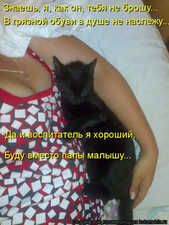 Котоматрица: Знаешь, я, как он, тебя не брошу... В грязной обуви в душе не наслежу... Буду вместо папы малышу... Да и воспитатель я хороший,