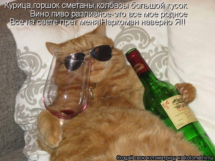 Котоматрица: Курица,горшок сметаны,колбасы большой кусок. Вино,пиво разливное-это все мое родное Все на свете прет меня!Наркоман наверно Я!!