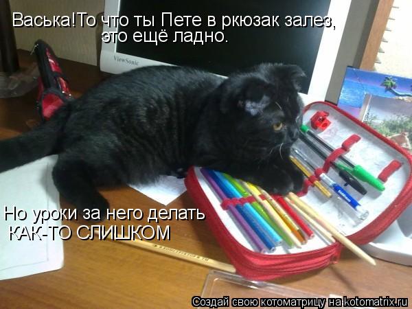 Котоматрица: Васька!То что ты Пете в ркюзак залез, это ещё ладно. Но уроки за него делать КАК-ТО СЛИШКОМ