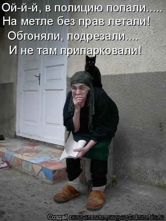 Котоматрица: Ой-й-й, в полицию попали..... На метле без прав летали! Обгоняли, подрезали.... И не там припарковали!