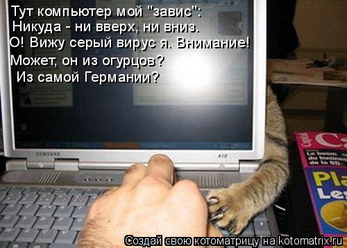 Тут компьютер мой "завис": Никуда - ни вверх, ни вниз. О! Вижу серый вирус я. Внимание! Может, он из ... Котоматрица: Тут компьютер мой "завис": Никуда - ни вверх, ни вниз. О! Вижу серый вирус я. Внимание! Может, он из огурцов? Из самой Германии?