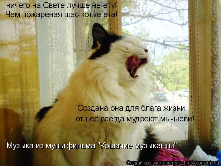 ничего на Свете лучше не-ету! Чем пожареная щас котле-ета! Создана она для блага жизни от неё всегда ... Котоматрица: ничего на Свете лучше не-ету! Чем пожареная щас котле-ета! Создана она для блага жизни от неё всегда мудреют мы-ысли! Музыка из мультфильма "К