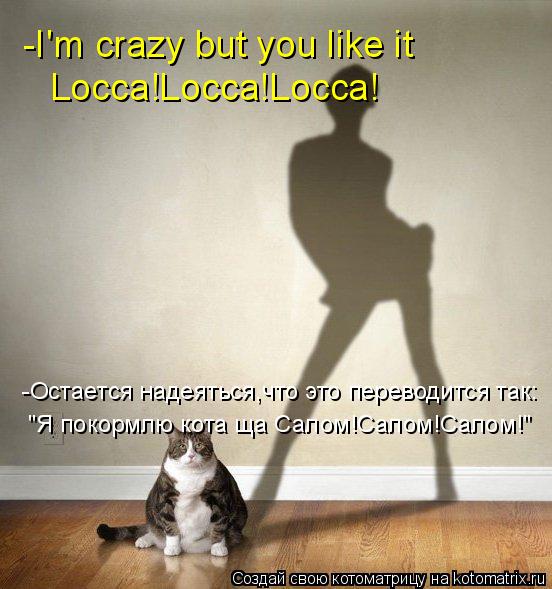 -I'm crazy but you like it Locca!Locca!Locca! -Остается надеяться,что это переводится так: "Я покормл... Котоматрица: -I'm crazy but you like it Locca!Locca!Locca! -Остается надеяться,что это переводится так: "Я покормлю кота ща Салом!Салом!Салом!"