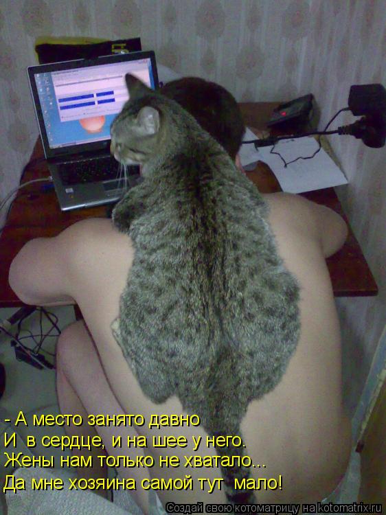 - А место занято давно И в сердце, и на шее у него. Да мне хозяина самой тут мало! Жены нам только... Котоматрица: - А место занято давно И в сердце, и на шее у него. Да мне хозяина самой тут мало! Жены нам только не хватало...