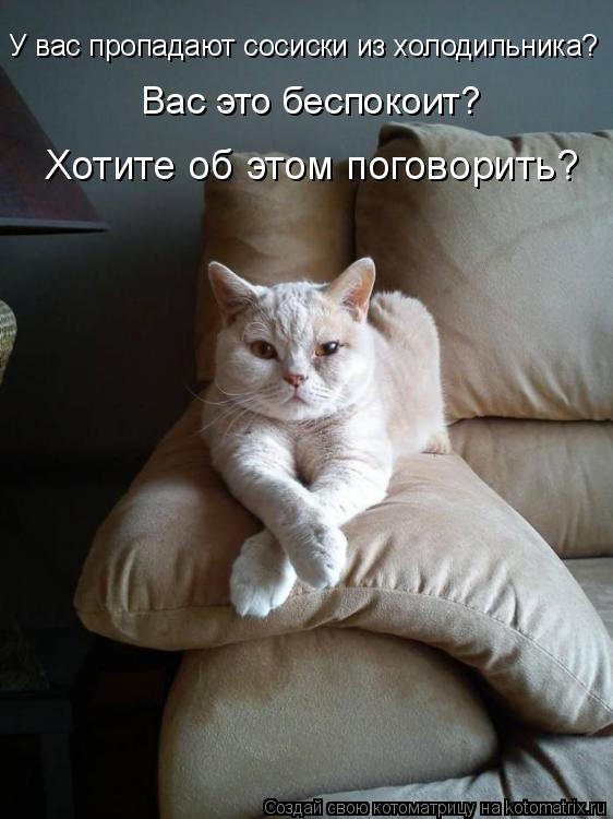 Котоматрица: У вас пропадают сосиски из холодильника?  Вас это беспокоит? Хотите об этом поговорить?