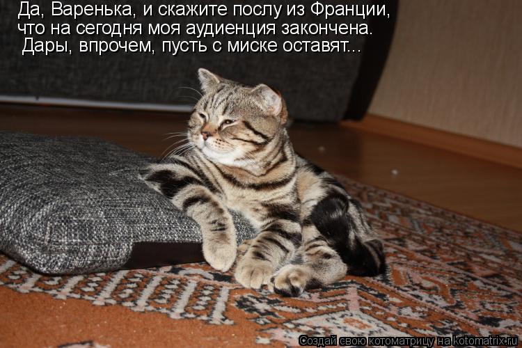 Да, Варенька, и скажите послу из Франции, что на сегодня моя аудиенция закончена. Дары, впрочем, пуст... Котоматрица: Да, Варенька, и скажите послу из Франции, что на сегодня моя аудиенция закончена. Дары, впрочем, пусть с миске оставят...