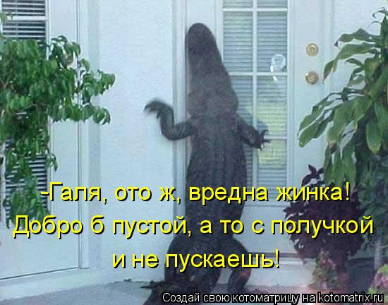 Котоматрица: -Галя, ото ж, вредна жинка! Добро б пустой, а то с получкой и не пускаешь!